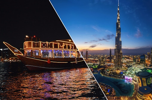 Sonnenuntergang am Burj Khalifa At The Top + Dhow Cruise Dinner in Dubai Marina mit Live-Unterhaltung