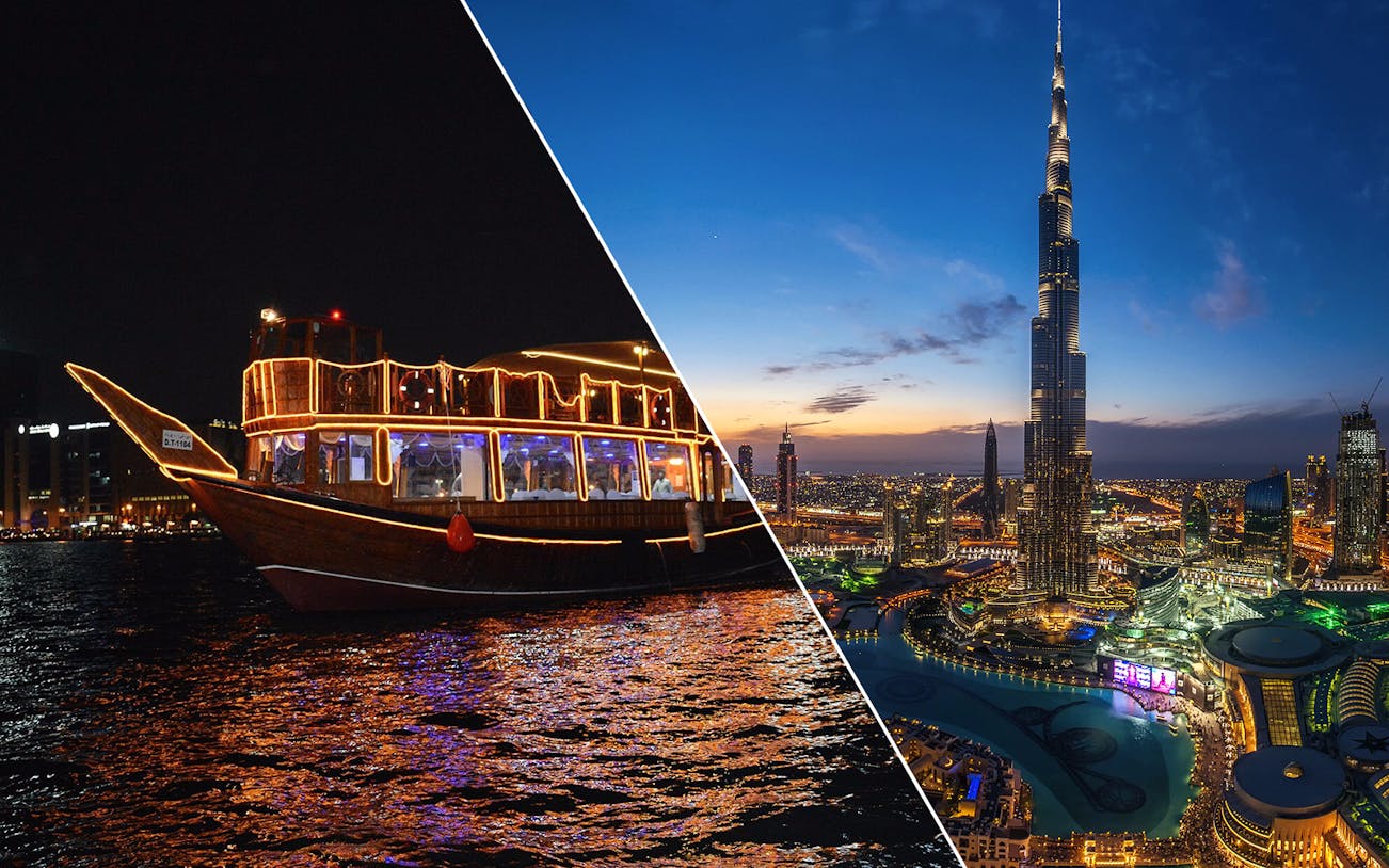 Dhow cruise on Dubai Creek and sunset view from Burj Khalifa At The Top.