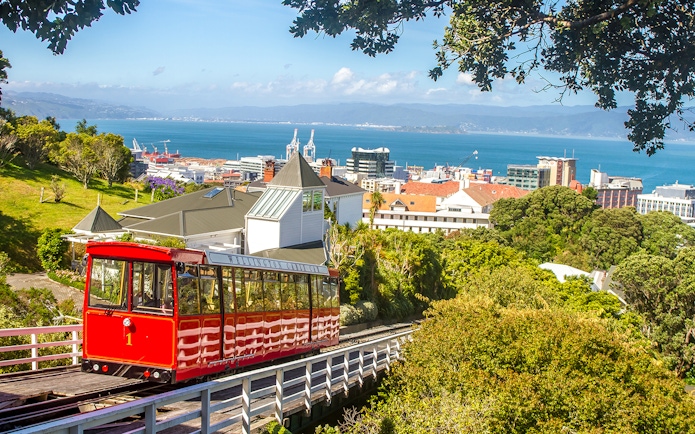 Wellington Cable Car with city and harbor view on a sunny day.