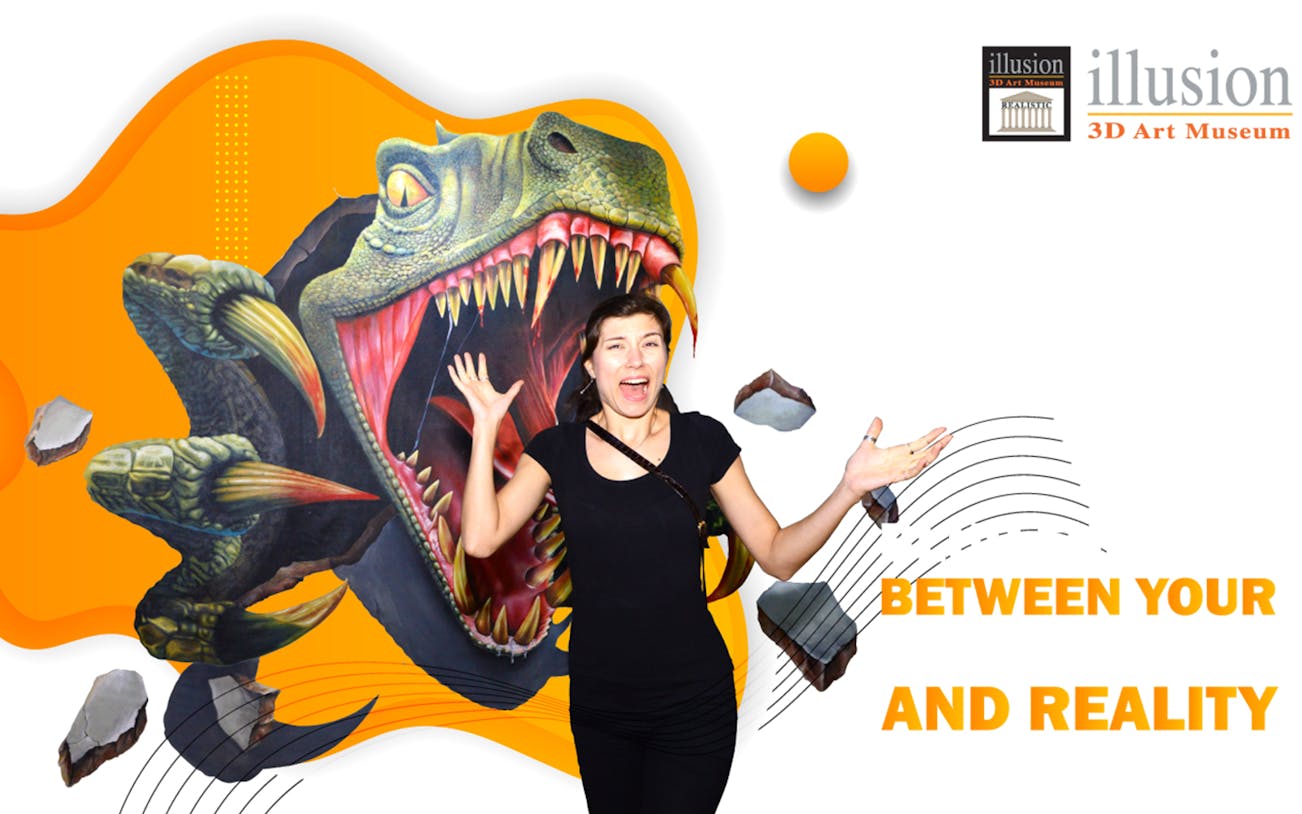 Person posing with 3D dinosaur art at Illusion 3D Art Museum Melaka.