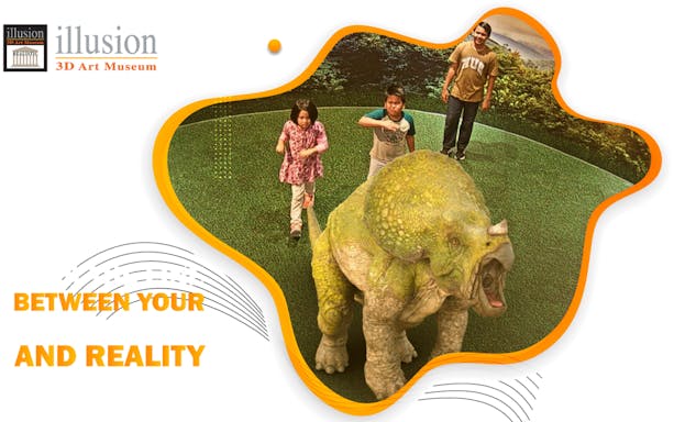 Children interacting with a 3D dinosaur illusion at Illusion 3D Art Museum Melaka.
