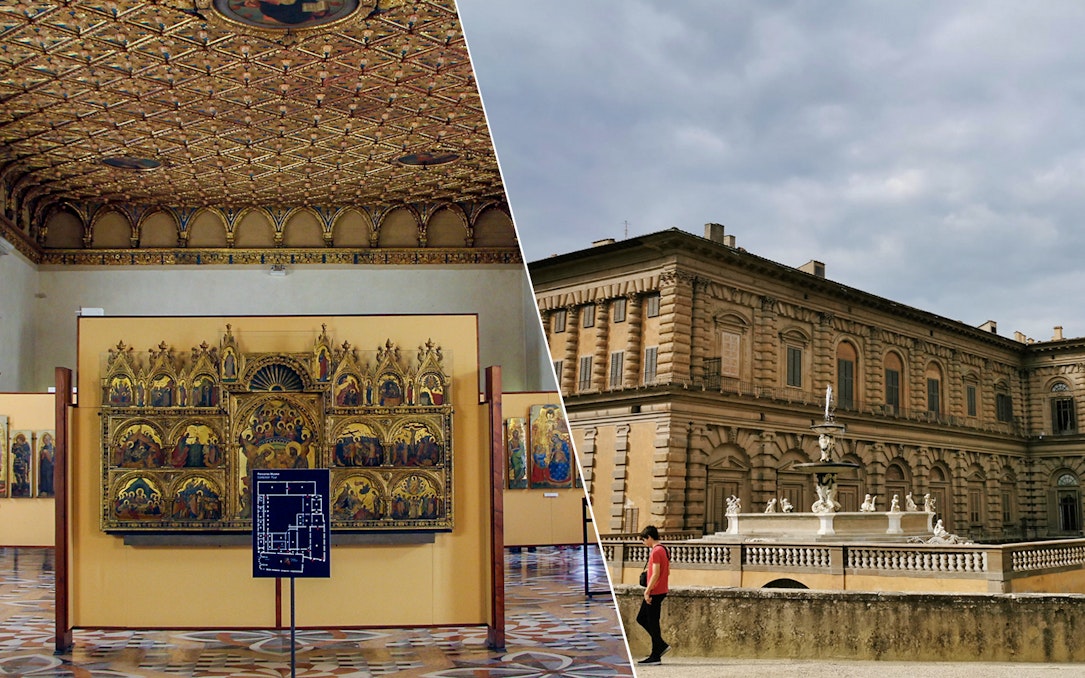 Palazzo Pitti exterior and Palatine Gallery interior with ornate artwork, Florence.
