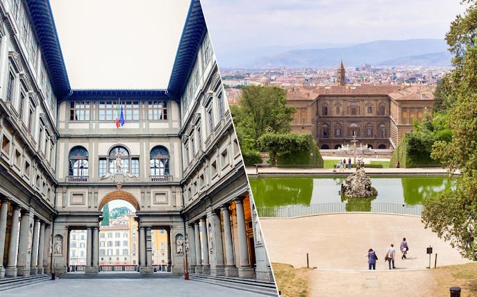 Uffizi Gallery courtyard and Boboli Gardens view in Florence, Italy.