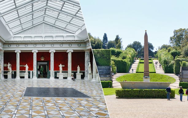 Accademia Gallery interior with statues and Boboli Gardens with obelisk in Florence.