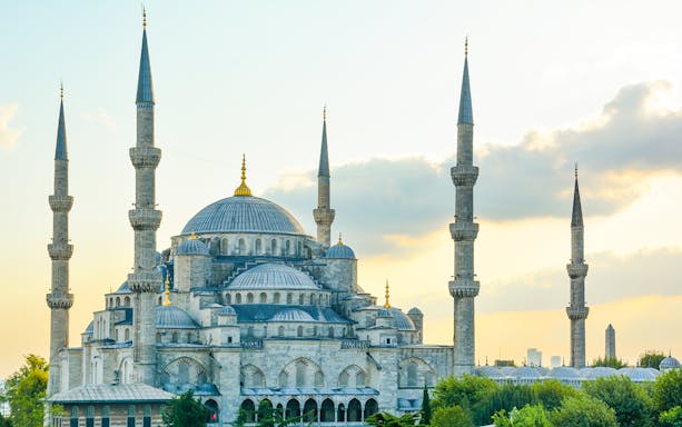 Blue Mosque with minarets at sunset, Istanbul.
