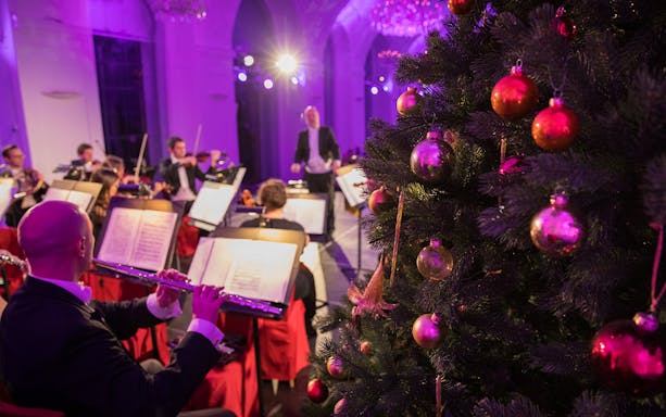 Orchestra performing at Schönbrunn Palace with Christmas tree in foreground.