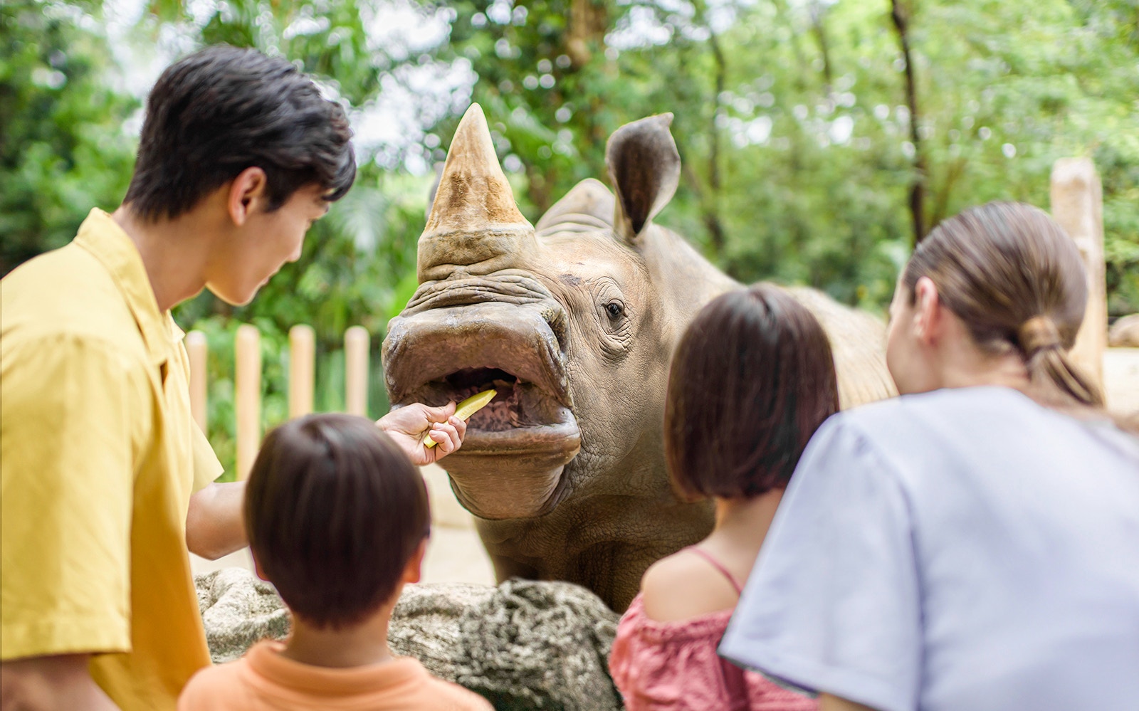 Visitors feeding a rhinoceros at Mandai Wildlife Reserve.