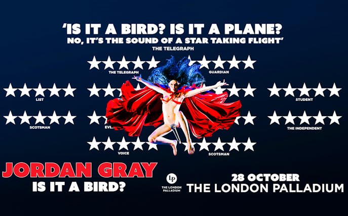 Jordan Gray performance poster for "Is It A Bird?" at The London Palladium, 28 October.