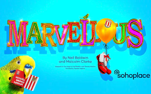 Colorful 'Marvellous' sign with parrot, balloon, and shoes at Soho Place.