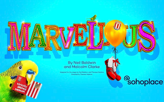Colorful 'Marvellous' sign with parrot, balloon, and shoes at Soho Place.