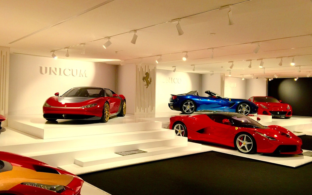Ferrari models displayed at the Ferrari Museum Maranello during the Panoramic Shuttle Tour.
