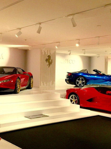 Ferrari models displayed at the Ferrari Museum Maranello during the Panoramic Shuttle Tour.