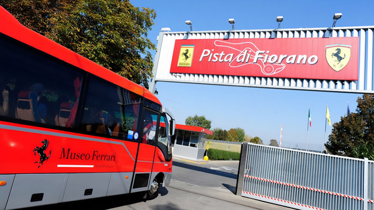 Shuttle bus at Fiorano Track entrance, Ferrari Museum Maranello.