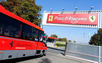 Shuttle bus at Fiorano Track entrance, Ferrari Museum Maranello.