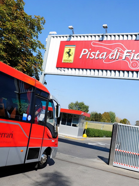 Shuttle bus at Fiorano Track entrance, Ferrari Museum Maranello.