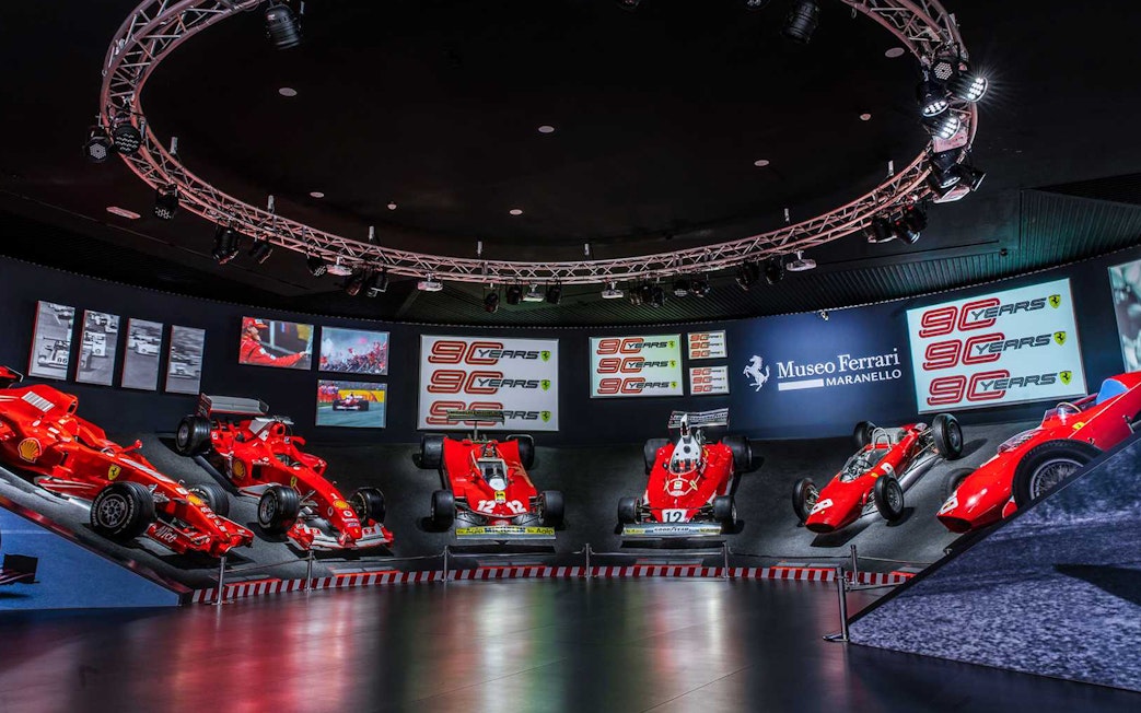 Ferrari race cars displayed at Museo Ferrari Maranello during the Panoramic Shuttle Tour of Fiorano Track.