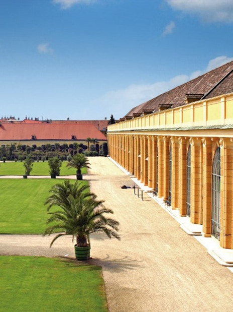 Schönbrunn Palace exterior with gardens and palm trees, Vienna, Austria.