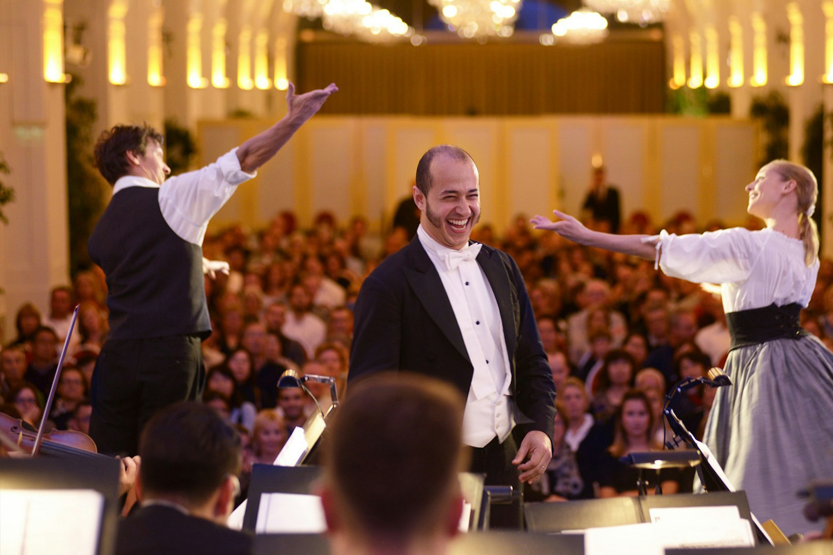 Conductor and performers at a Mozart and Strauss concert in Schönbrunn Palace, Vienna.