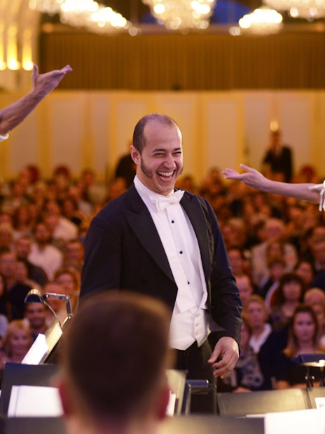 Conductor and performers at a Mozart and Strauss concert in Schönbrunn Palace, Vienna.