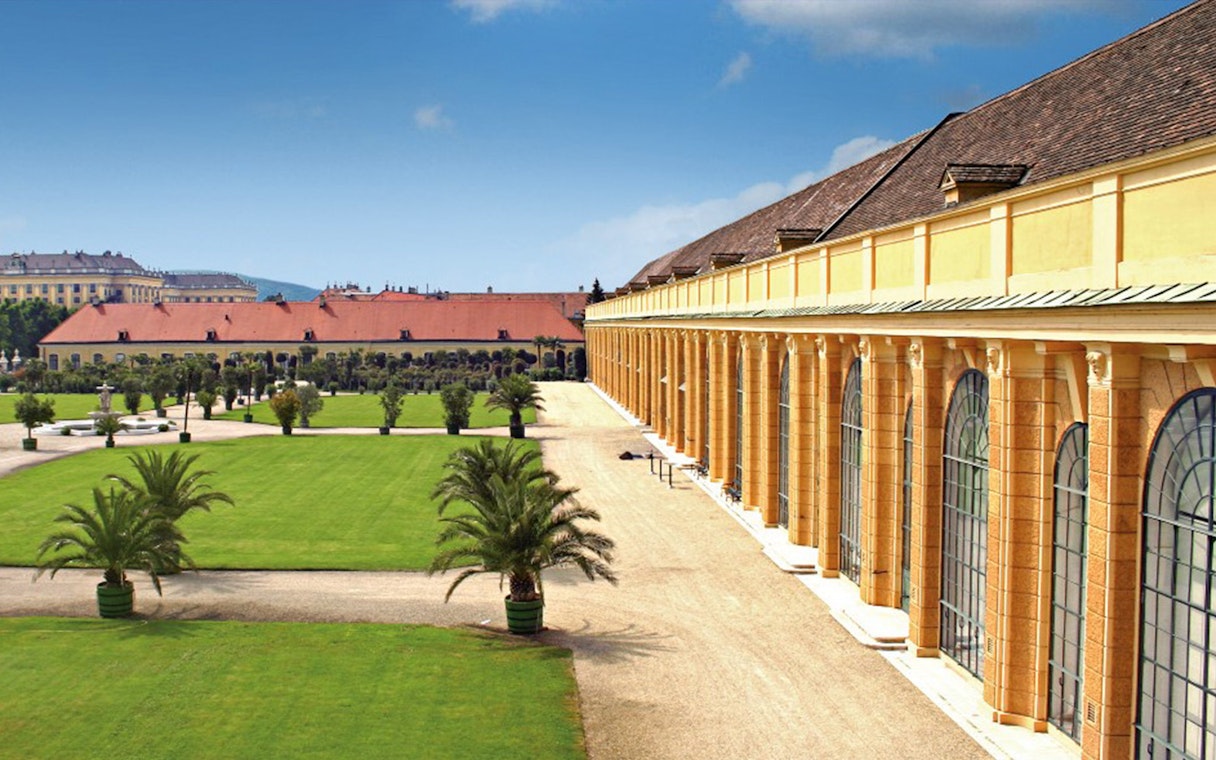 Schönbrunn Palace gardens and facade, Vienna, site of Mozart & Strauss concert.