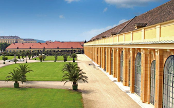Schönbrunn Palace gardens and facade, Vienna, site of Mozart & Strauss concert.