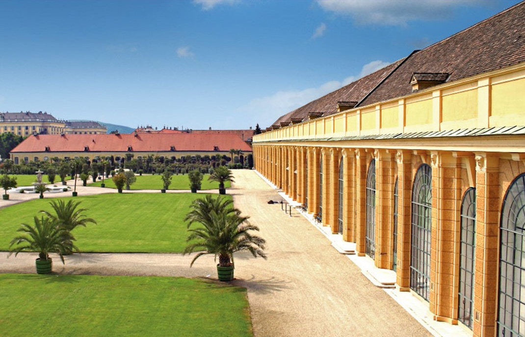 Schönbrunn Palace gardens and facade, Vienna, site of Mozart & Strauss concert.