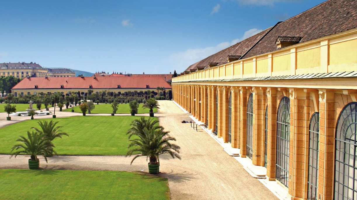 Schönbrunn Palace gardens and facade, Vienna, site of Mozart & Strauss concert.