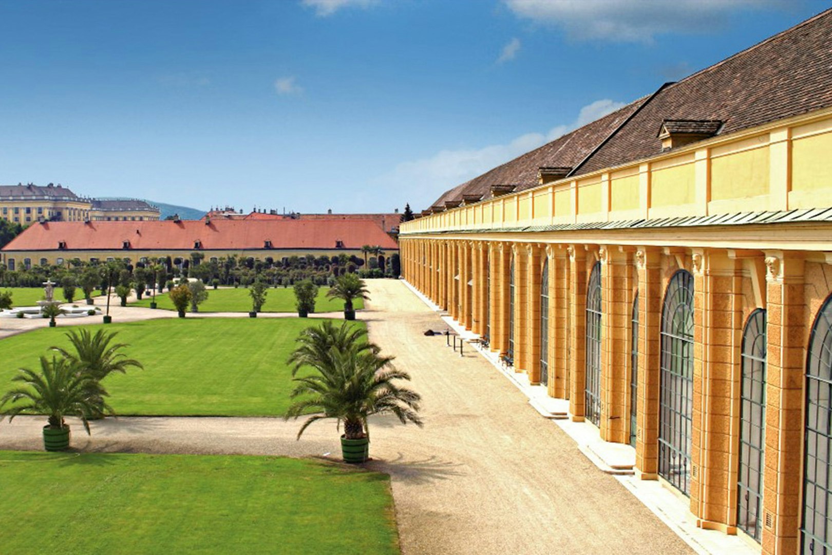 Schönbrunn Palace gardens and facade, Vienna, site of Mozart & Strauss concert.
