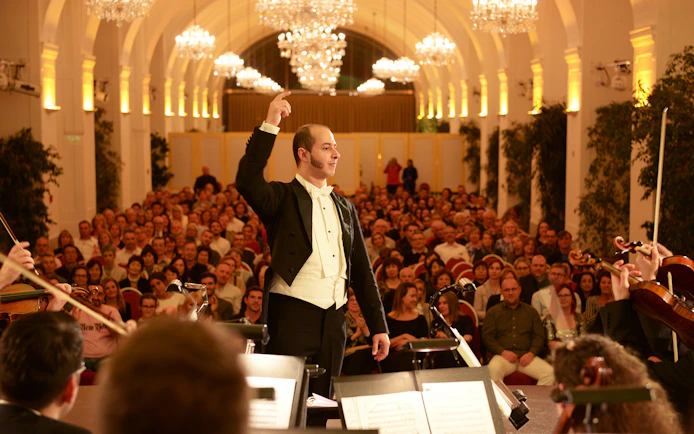 Conductor leading orchestra at Schönbrunn Palace concert hall, Vienna, with audience in background.