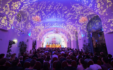 Concert audience in Schönbrunn Palace hall with ornate ceiling projections.
