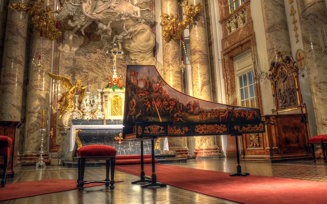 Harpsichord in Karlskirche, Vienna, set for Vivaldi’s Four Seasons concert.