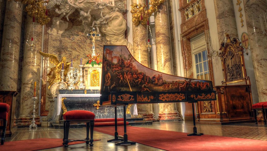 Harpsichord in Karlskirche, Vienna, set for Vivaldi’s Four Seasons concert.