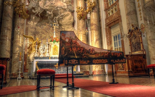 Harpsichord in Karlskirche, Vienna, set for Vivaldi’s Four Seasons concert.