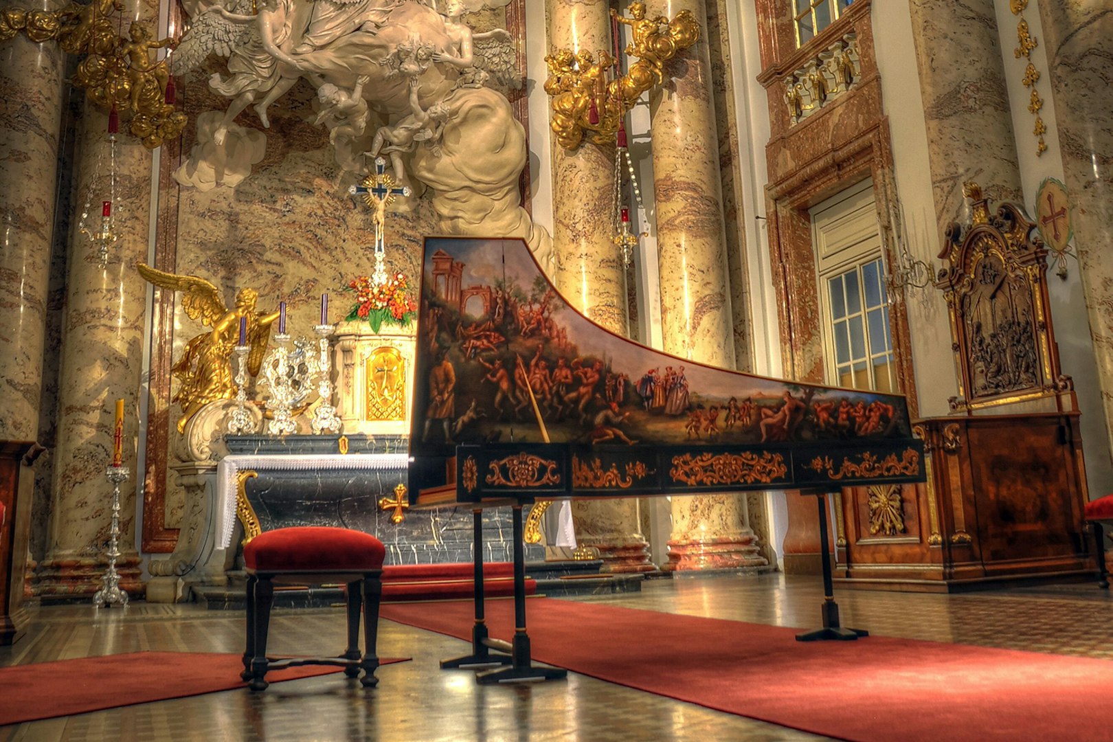 Harpsichord in Karlskirche, Vienna, set for Vivaldi’s Four Seasons concert.