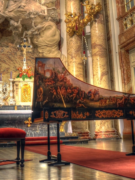 Harpsichord in Karlskirche, Vienna, set for Vivaldi’s Four Seasons concert.