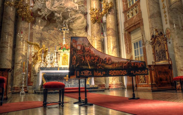 Harpsichord in Karlskirche, Vienna, set for Vivaldi’s Four Seasons concert.
