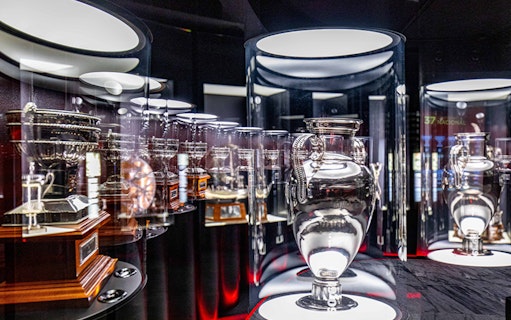 Trophies displayed in SL Benfica Museum during guided tour.