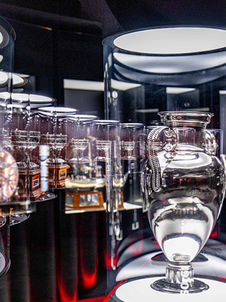 Trophies displayed in SL Benfica Museum during guided tour.