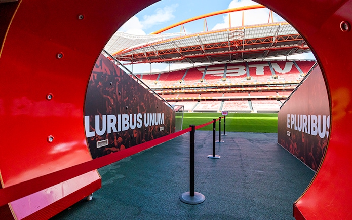 Entrance tunnel to SL Benfica Stadium field during guided tour.