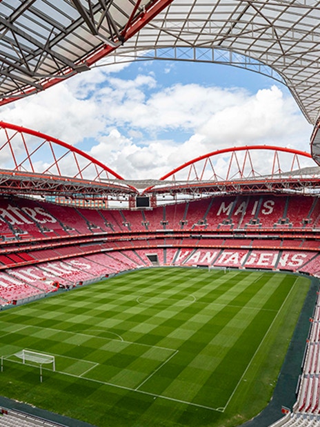 SL Benfica Stadium with empty stands and green pitch, Lisbon, Portugal.