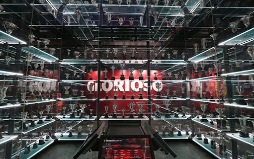 Trophy display at SL Benfica Museum during guided stadium tour.