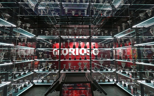 Trophy display at SL Benfica Museum during guided stadium tour.
