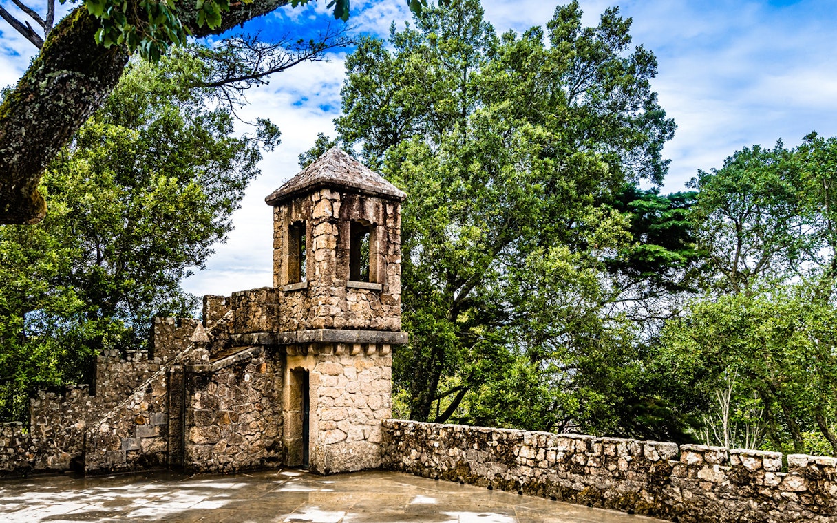 Stone tower at Quinta da Regaleira surrounded by lush greenery, Sintra, Portugal.