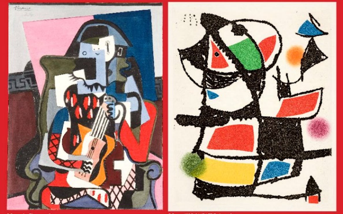 Picasso & Miro artworks displayed at Passion and Poetry Exhibition, showcasing vibrant abstract paintings.