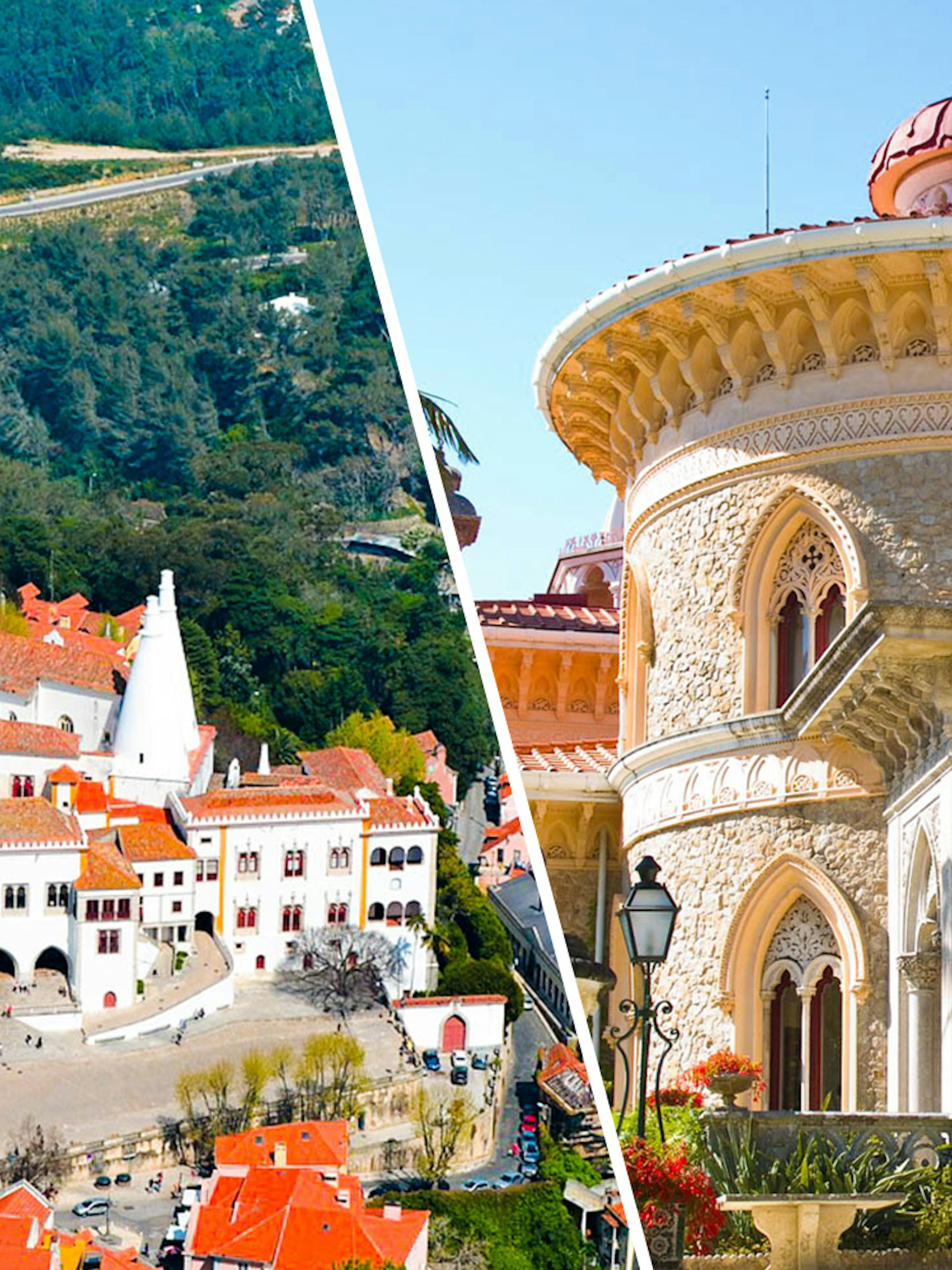 National Palace of Sintra aerial view and Monserrate Palace facade in Sintra, Portugal.
