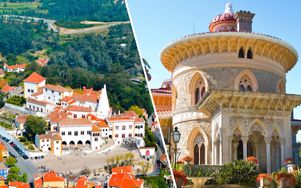 National Palace of Sintra aerial view and Monserrate Palace facade in Sintra, Portugal.