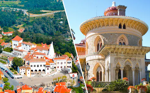 National Palace of Sintra aerial view and Monserrate Palace facade in Sintra, Portugal.