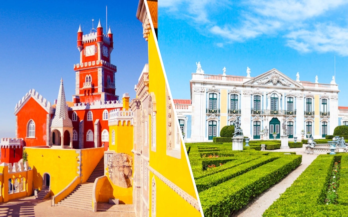 National Palace of Pena with vibrant colors and National Palace of Queluz with manicured gardens.