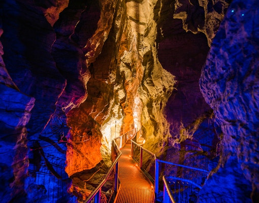 Walkway through illuminated Waitomo Glowworm Caves, New Zealand.