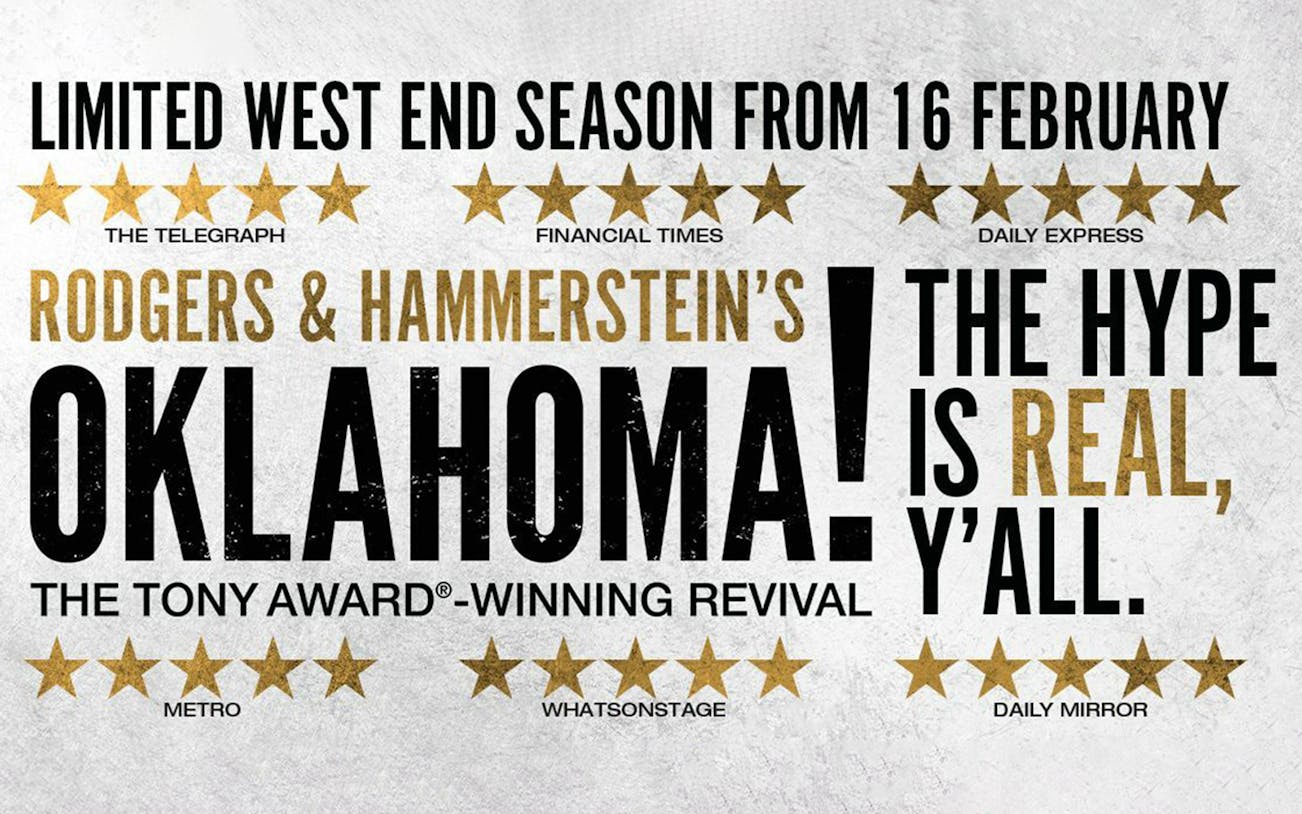 Promotional poster for Rodgers & Hammerstein's Oklahoma! West End revival, starting February 16.